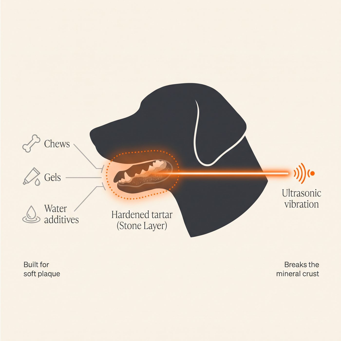 Chews, gels and additives were built for soft plaque. Ultrasonic vibration breaks the mineral crust.