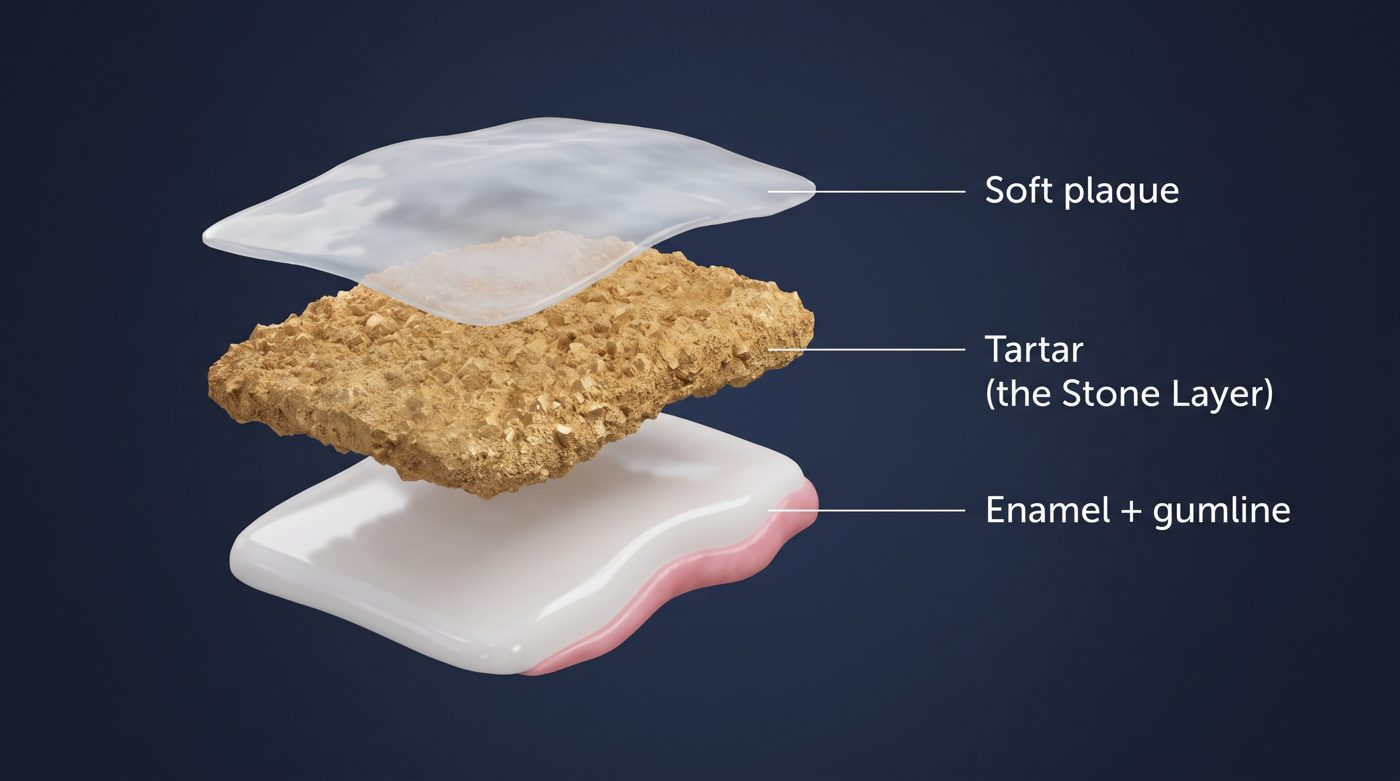 Soft plaque sits on top. The hardened tartar underneath is mineral, bonded to the tooth.