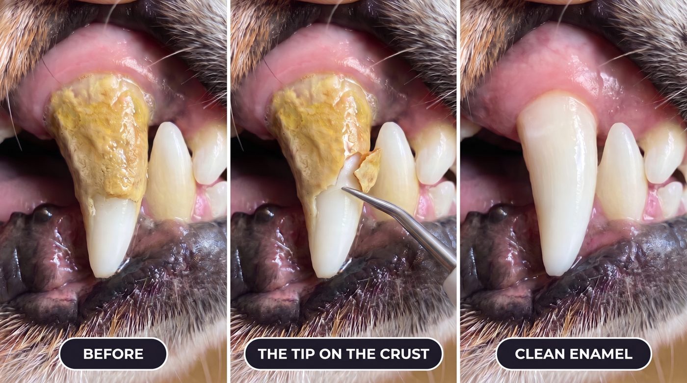 Same tooth, one session: before, the tip on the crust, clean enamel.